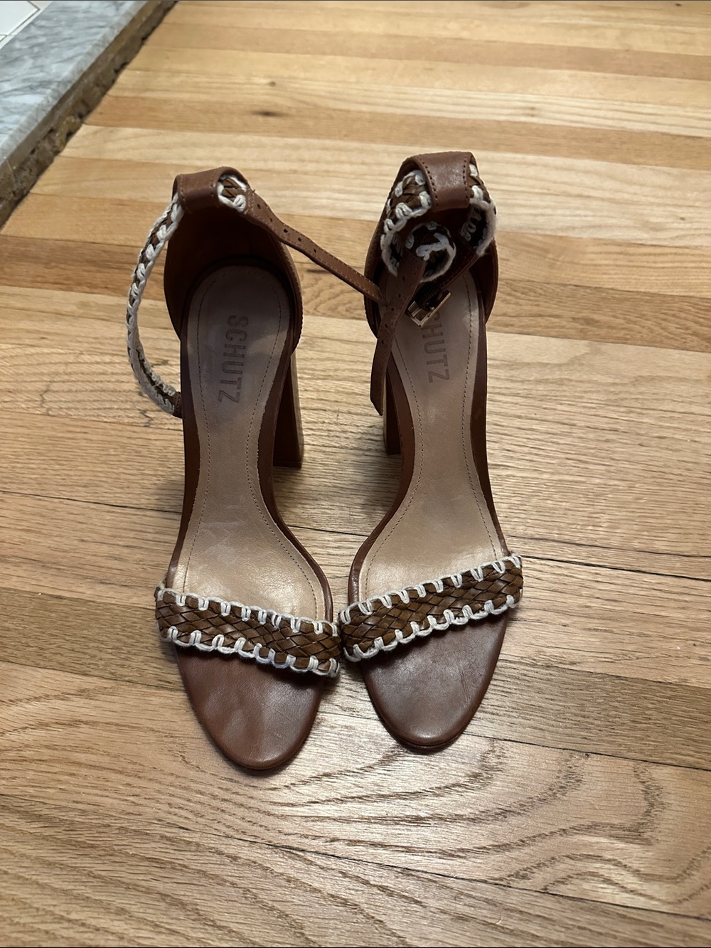 SCHUTZ Brown Braided Leather Ankle Strap Heels with White Trim